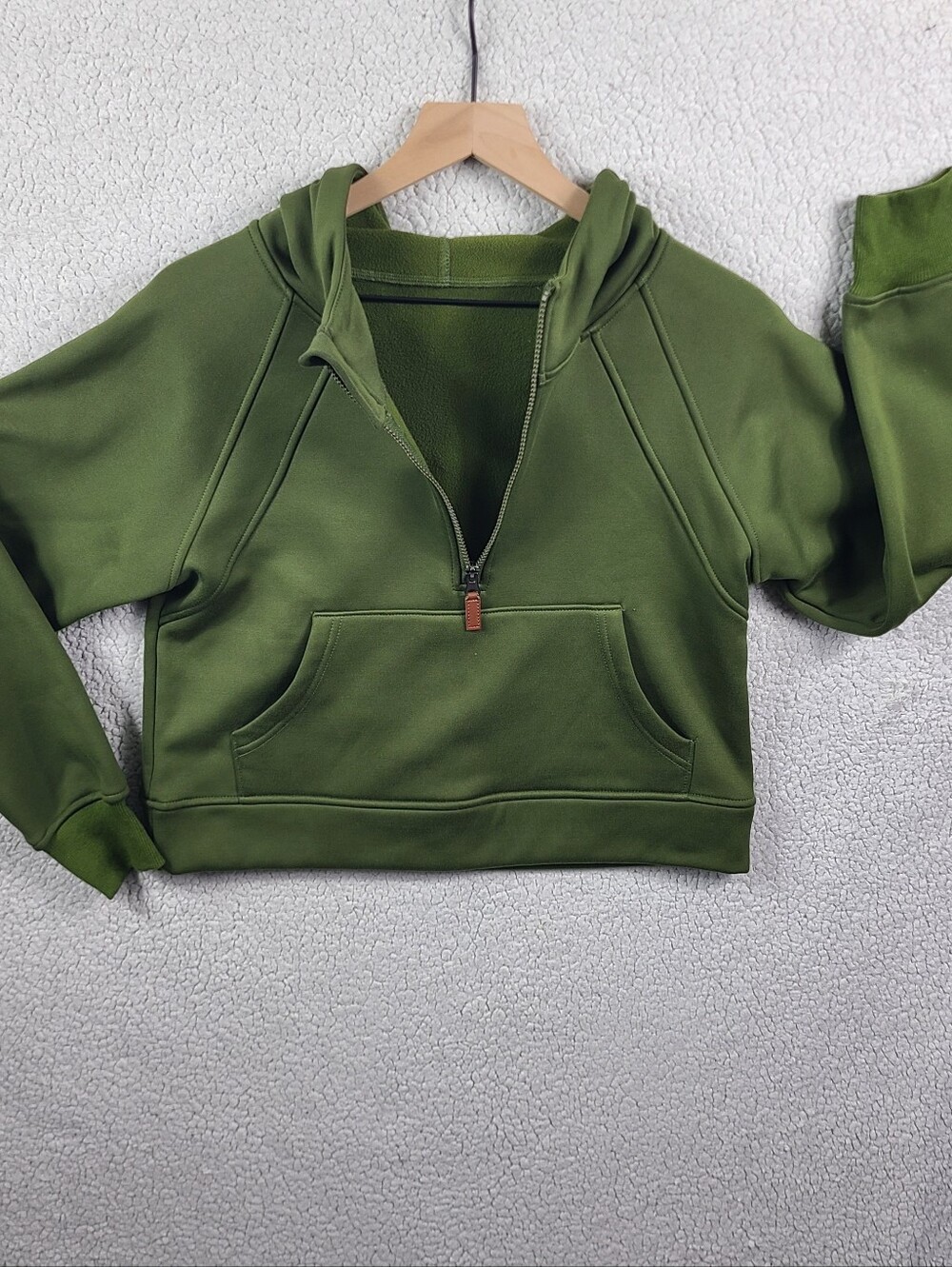Olive Green Cropped Half Zip Fleece Hoodie Pullover Thumbhole Medium M